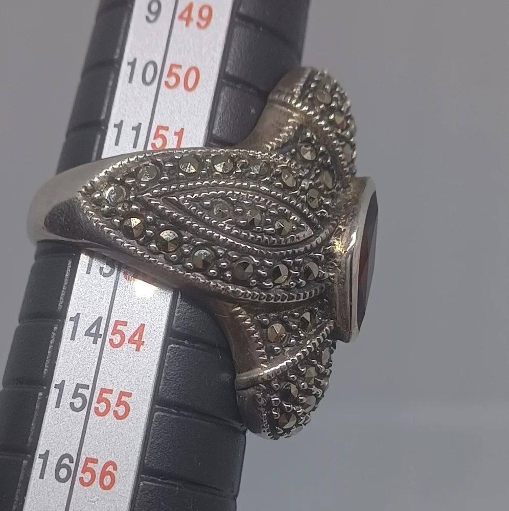 Vintage Sterling Judith Jack Red Garnet Marcasite Deco Statement Ring